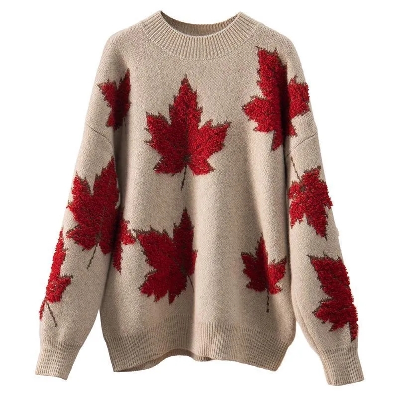 Women's Sweaters Maple Leaf Pattern Panel ONeck Knitted Pullover Loose Casual Sweater Top 230824