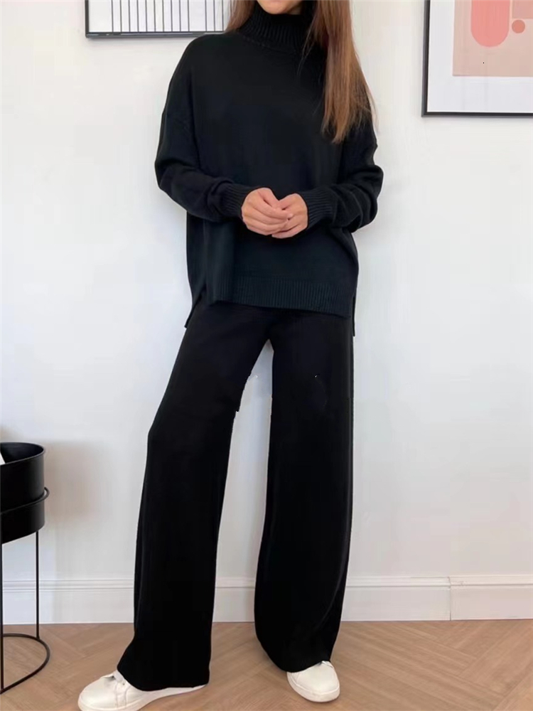 Womens Tracksuits 2 Pieces Women Sets Knitted Tracksuit Turtleneck Sweater and Straight Jogging Pants Suits 230824