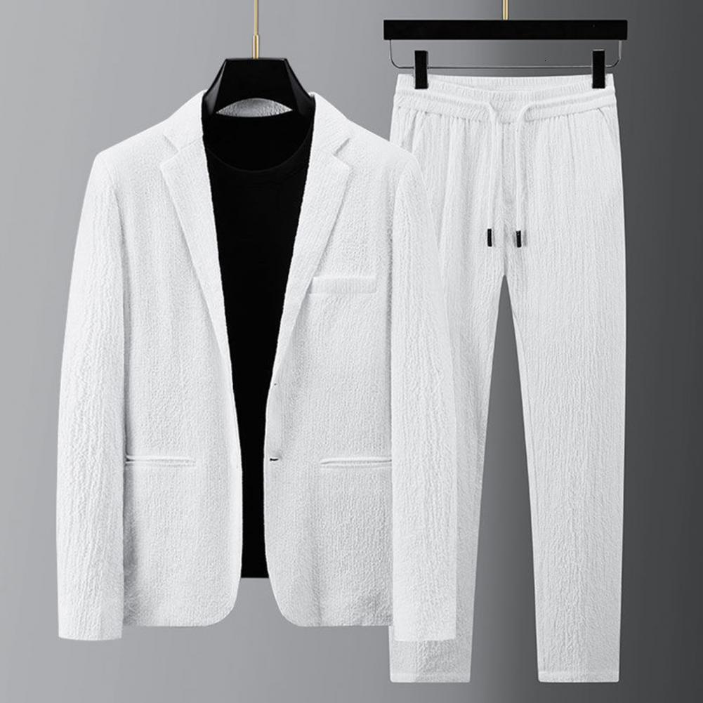 Mens Tracksuits Spring Summer Fashion Suit Men Blazer Pants Stripe Pleats Long Sleeve Turndown Collar Jacket Drawstring Trousers for Wedding 230824