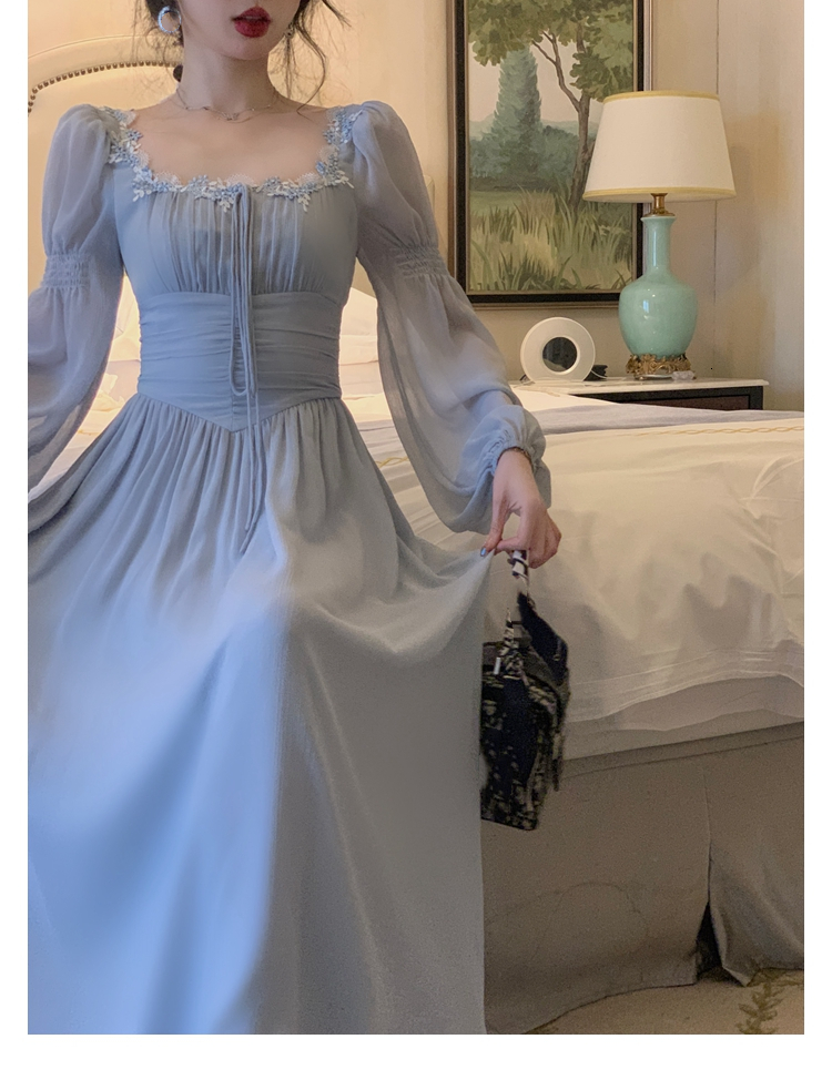 Basic Casual Dresses Elegant Midi Dress For Women Summer Vintage French Corset Ruched Bodycon Long Lantern Sleeve Evening Robe Female Slim Vestidos 23