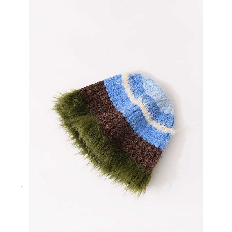 Wide Brim Hats Bucket Hats Japanese Retro Color Matching Plush Bucket Hat Autumn and Winter Warm Niche Fashion Show Face Small Versatile Knit Women 