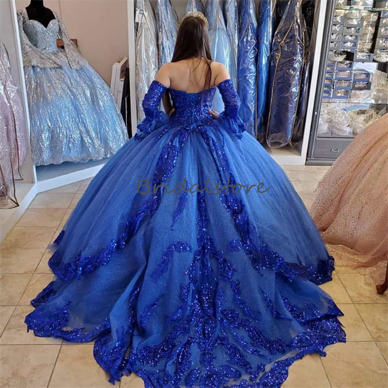 Blue Princess Sequin Quinceanera Dresses 2023 Luxe Sweetheart Tulle Birthday Dress Sparkle Charro Vestidos Para Xv Anos Sweet 15 Vestidos 15 anos Prom