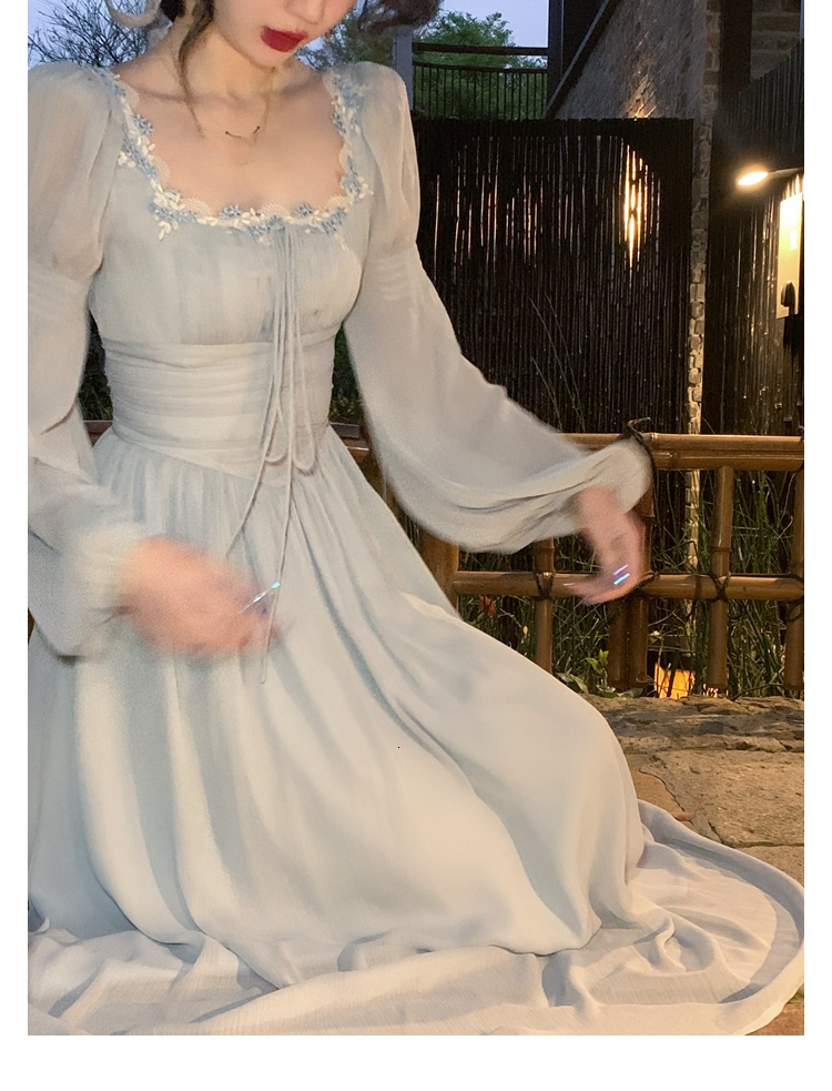 Basic Casual Dresses Elegant Midi Dress For Women Summer Vintage French Corset Ruched Bodycon Long Lantern Sleeve Evening Robe Female Slim Vestidos 23