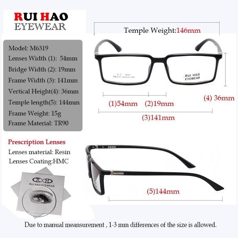 Fashion Sunglasses Frames Customize Prescription Eyeglasses Men TR90 Glasses Fill Resin Lenses Rui Hao Eyewear Rectangle Spectacles Frame Women M6319 