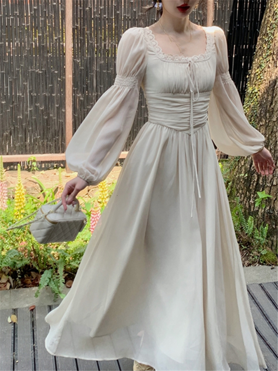 Basic Casual Dresses Elegant Midi Dress For Women Summer Vintage French Corset Ruched Bodycon Long Lantern Sleeve Evening Robe Female Slim Vestidos 23