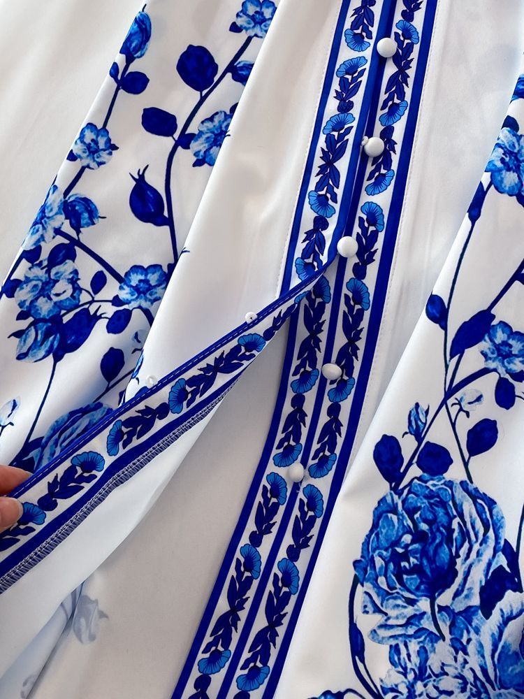Basic Casual Dresses Fashion Blue And White Porcelain Flower Print Dres Clothing Long Lantern Sleeve Single Breasted Belt Vintage Vestidos 230824