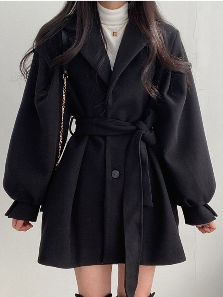 Womens Wool Blends Vintage Woolen Coat Women Autumn Winter Lantern Sleeve Lapel Female Korean Fashion Elegant Bandage Hepburn Style Overcoat 230824