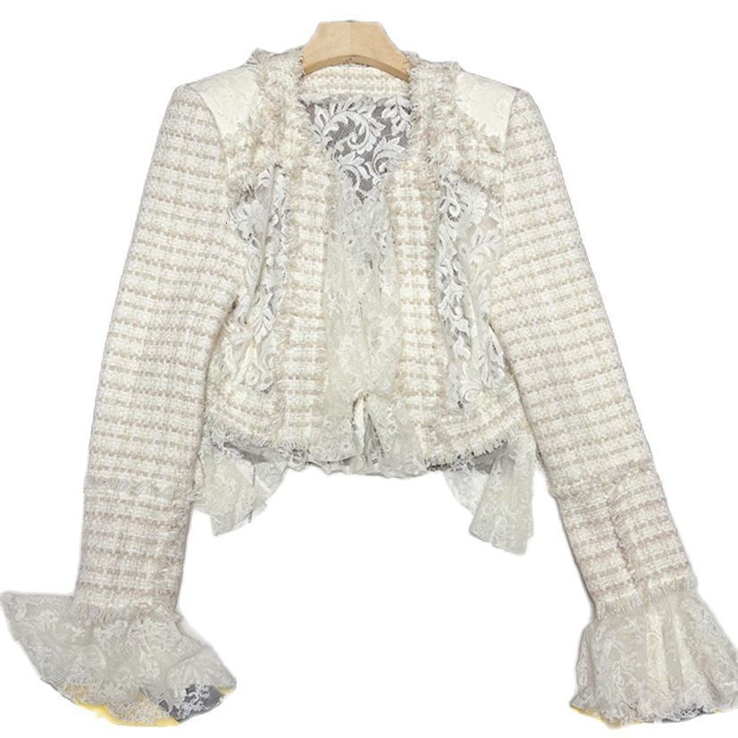 Women's Wool Blends Autumn Elegant Ladies tweed woven lace patchwork jacket for Women Slim Fit Short Cardigan Coat Y4268 230824
