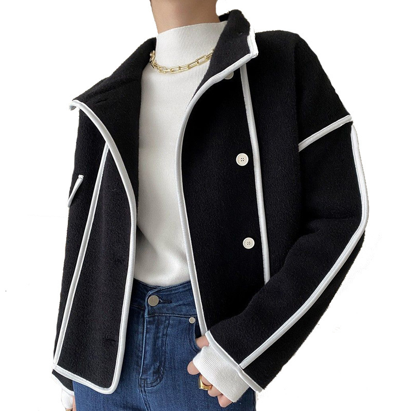 Womens Wool Blends High Quality Stand Collar Contrast Color Pearl Velvet Cropped Coats Spring Summer Casual Cardigans Jackets 230824