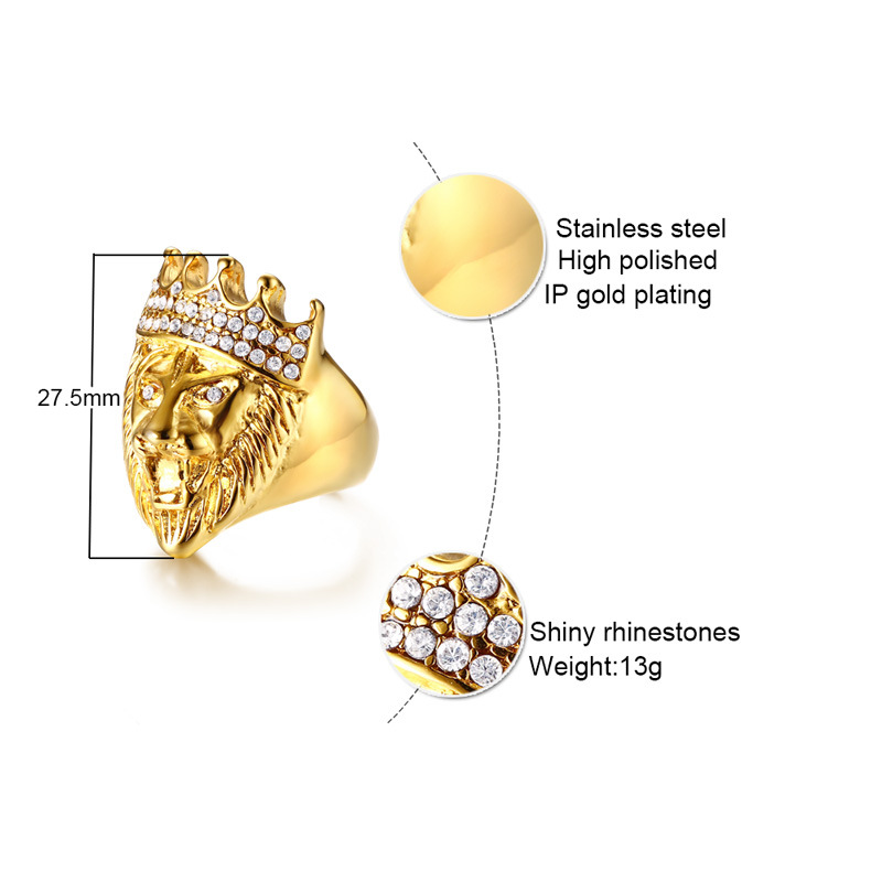 Men039s Hip Hop Gold Tone Roaring King Lion Head and Crown CZ Ring for Men Rock Stainless Steel Pinky Rings Male Jewelry7234068