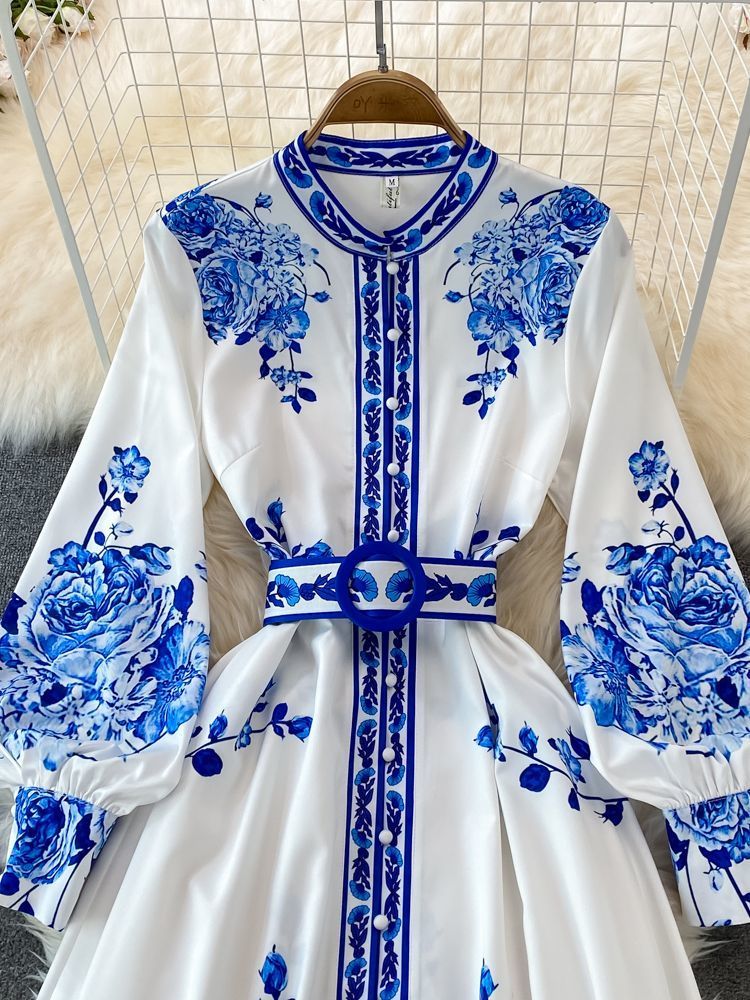 Basic Casual Dresses Fashion Blue And White Porcelain Flower Print Dres Clothing Long Lantern Sleeve Single Breasted Belt Vintage Vestidos 230824