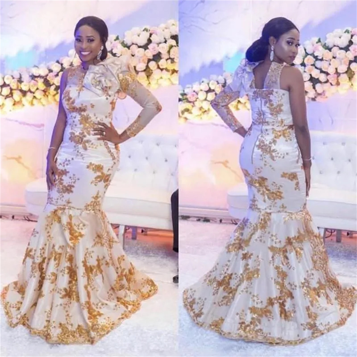 Aso Ebi White Mermaid Wedding Dresses With Gold Appliqued Vestidos Ruffles Flowers Long Sleeves Bridal Gowns Robe De Soiree