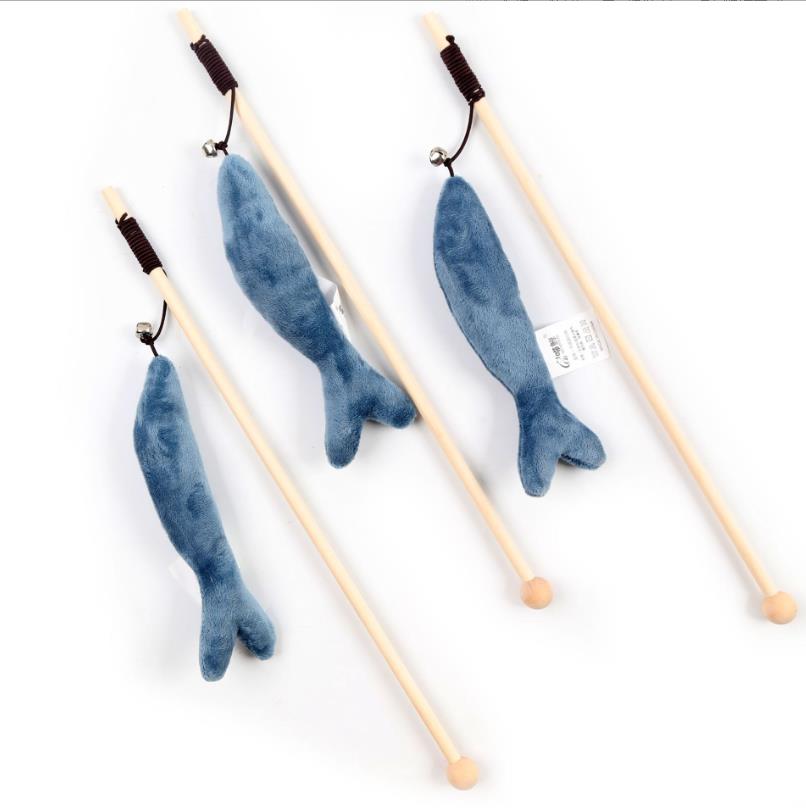 Plush Blue Whale Cat Wand Toys with Bell Kitten Fishes Teaser Sticks Chew Interactive Wood Fishing Rod Plush Pet Plaything Gift Ideas
