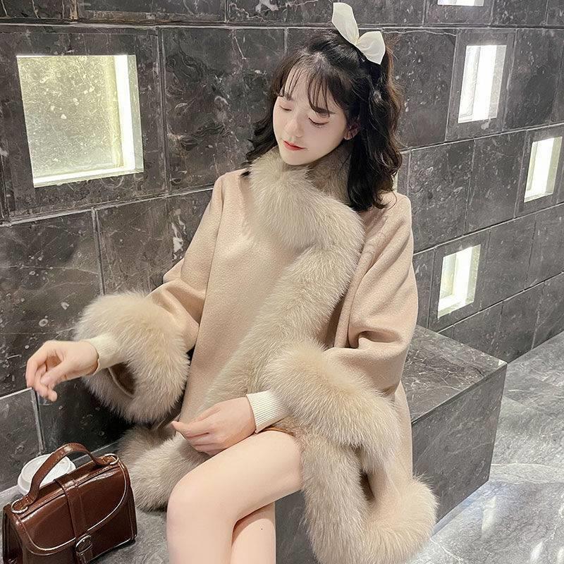Womens Wool Blends Fur Coat Cape Shawl Korean Fashion Loose Short Jacket Female 230824