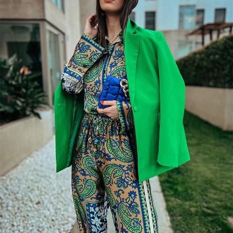 Women's Suits Blazers KONDALA Vintage Green Floral Women Suits Long Sleeve Single Button Loose Shirt and High Wasit Wide Leg Pants Boho Sets 2308