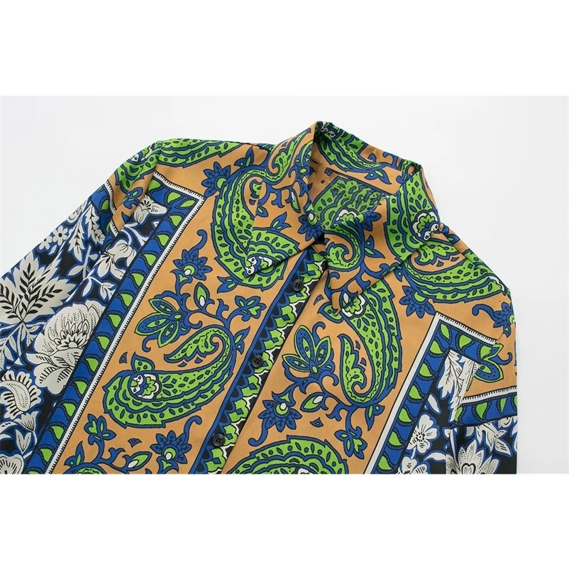 Women's Suits Blazers KONDALA Vintage Green Floral Women Suits Long Sleeve Single Button Loose Shirt and High Wasit Wide Leg Pants Boho Sets 2308