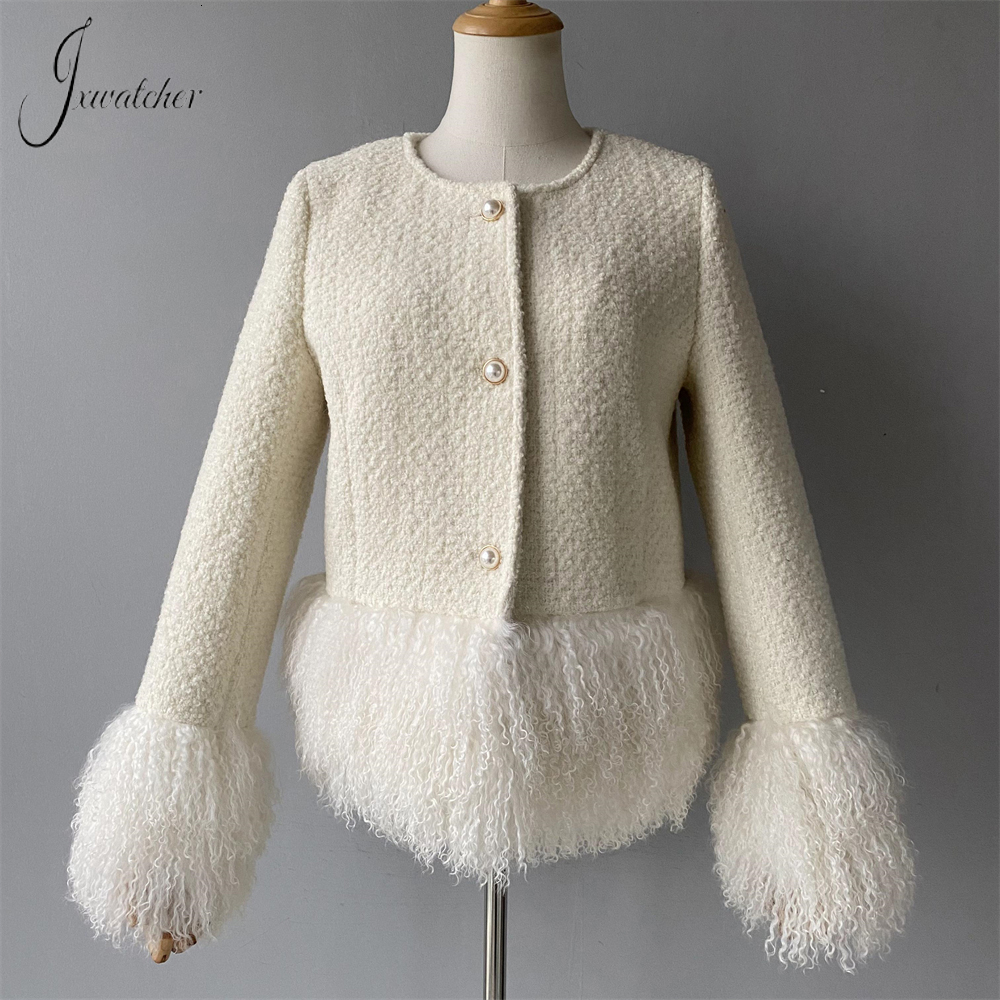 Women's Wool Blends Jxwatcher Women's Wool Coat with Real Mongolian Sheep Fur Autumn Winter Style Ladis Elegance Short Tweed Jacket Female 2