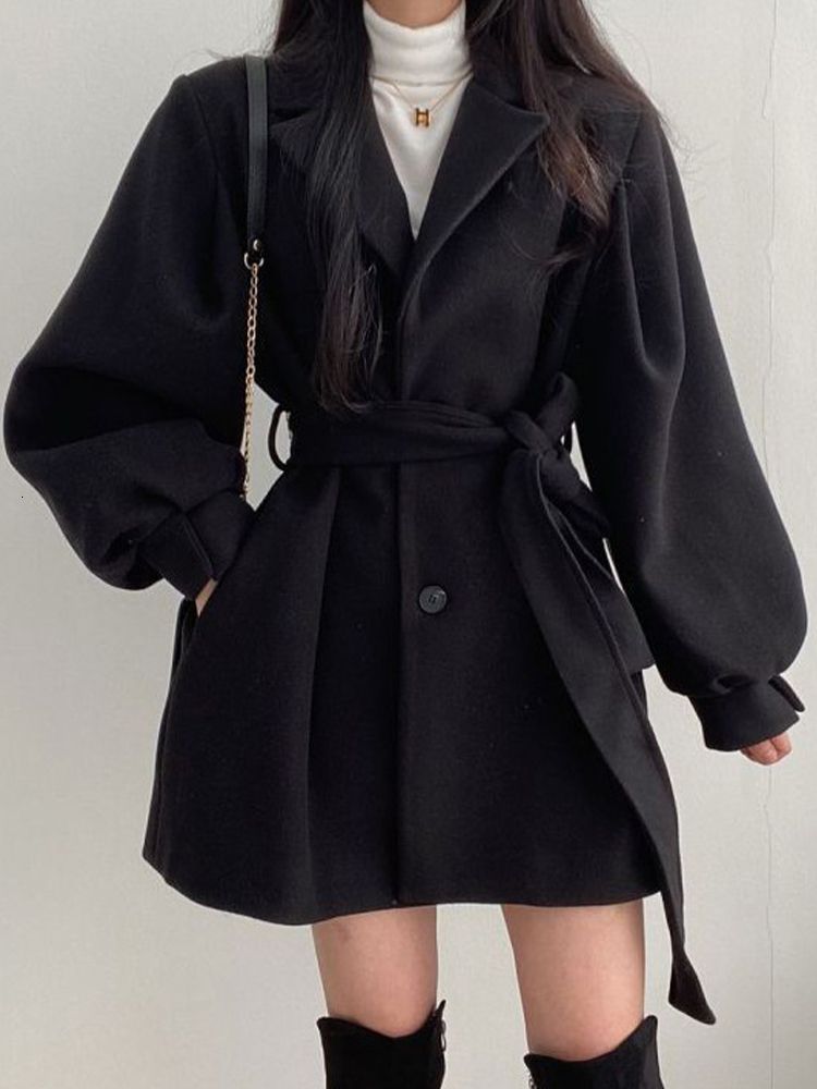 Womens Wool Blends Vintage Woolen Coat Women Autumn Winter Lantern Sleeve Lapel Female Korean Fashion Elegant Bandage Hepburn Style Overcoat 230824