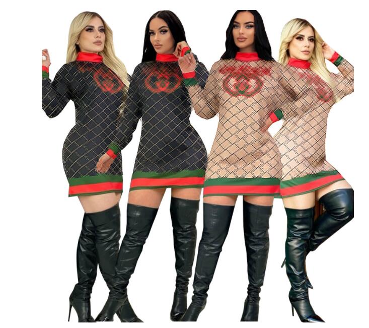 New Casual Sexy Slim Dresses Designer Temperament Contrast Color Luxury G Interlocking full letter print Long Sleeve hip rawp Dress