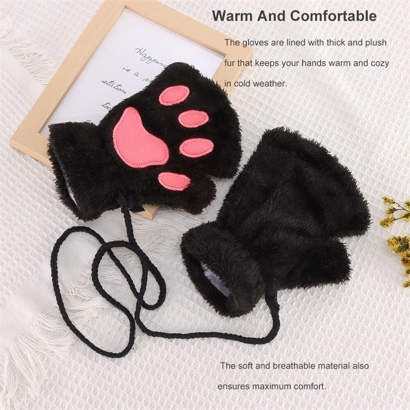 Five Fingers Gloves 1Pcs Cat Paw Winter Cute Cartoon Girl Open Finger Thickened Fluffy Bear Half 230824