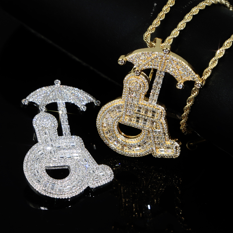 Special Fashion Designer Wheelchair Umbrella Pendant Charm Rope Chain Necklace Hip Hop Women Men Full Paved 5A Cubic Zirconia Daily Gift Jewelry