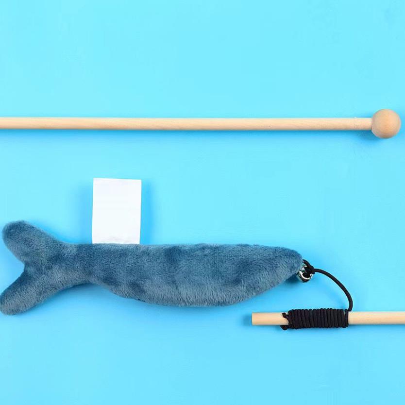 Plush Blue Whale Cat Wand Toys with Bell Kitten Fishes Teaser Sticks Chew Interactive Wood Fishing Rod Plush Pet Plaything Gift Ideas