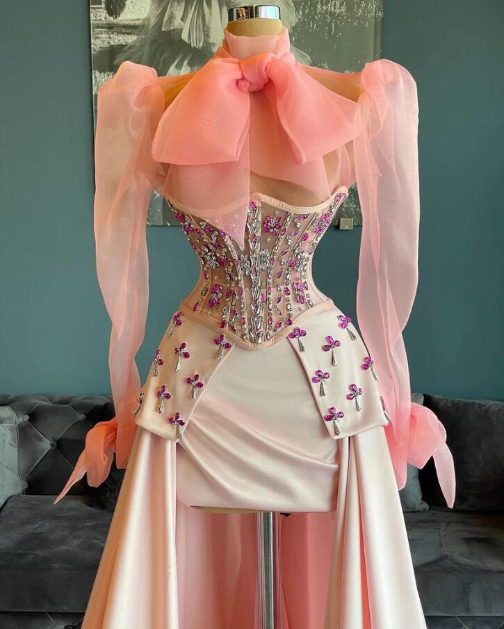 Peach Pink Organza Stain Prom Birthday Dresses with Long Sleeve Crystal Beaded High Low Corset Evening Garduation Gown