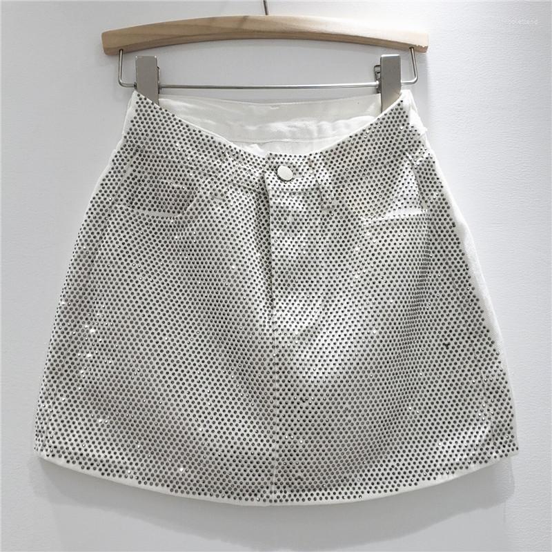 Skirts Luxury Women Summer Diamond Denim Skirt High Waist Wrapped Hip Drilling Short Jeans Gothic A-line Rhinestones Faldas