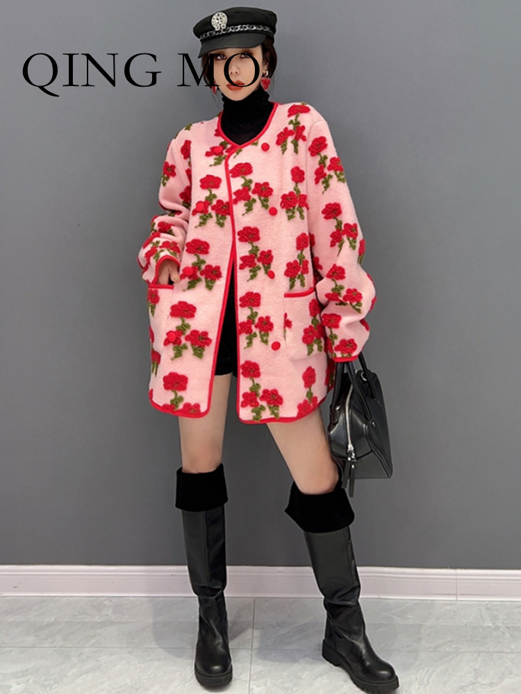 Women's Wool Blends QING MO Winter Fashion Trend Red Rose Plush Coat Women Streetwear Soft Warm Jacket Female ZXF097 230824