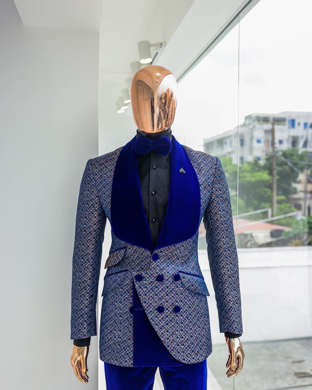 Floral Jacquard Tuxedos For Men Wedding Slim Fit Royal Blue Shawl Lapel Double Breasted Jacket 2 Pieces Male Costume