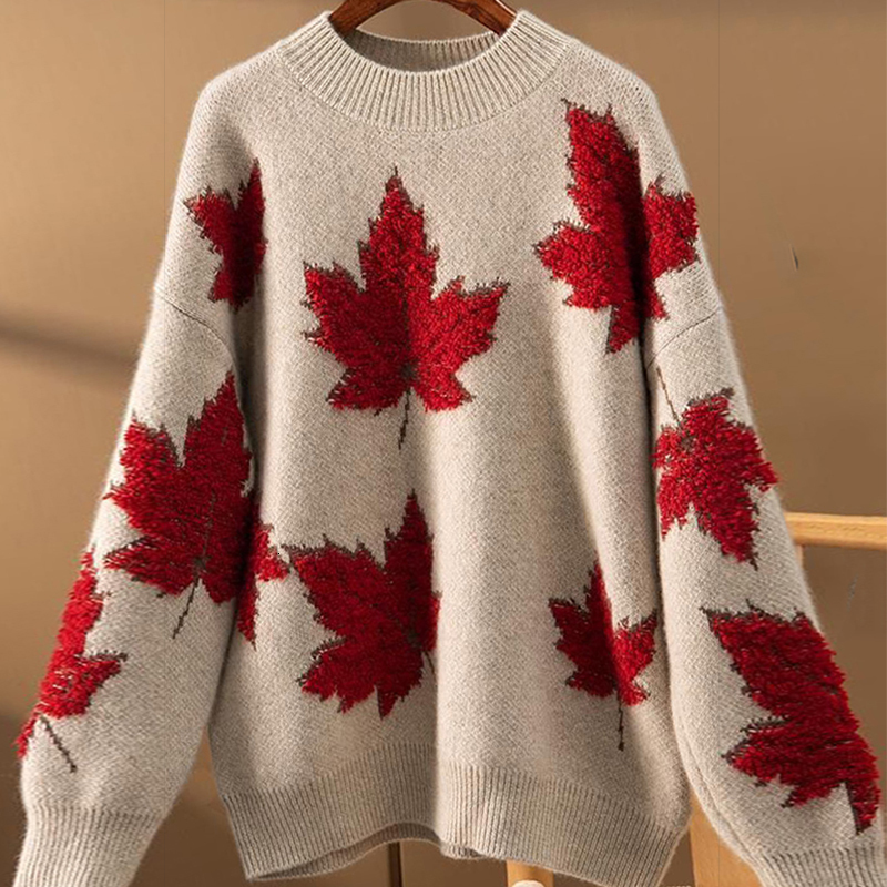 Women's Sweaters Maple Leaf Pattern Panel ONeck Knitted Pullover Loose Casual Sweater Top 230824