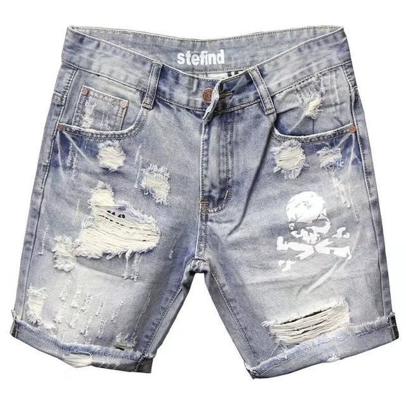 Men's Jeans Summer Ripped Hole Beggar Short Pants Men's Personality Skeleton Skull Printed Korean Slim Fitting Cowboy Denim Shorts 230824