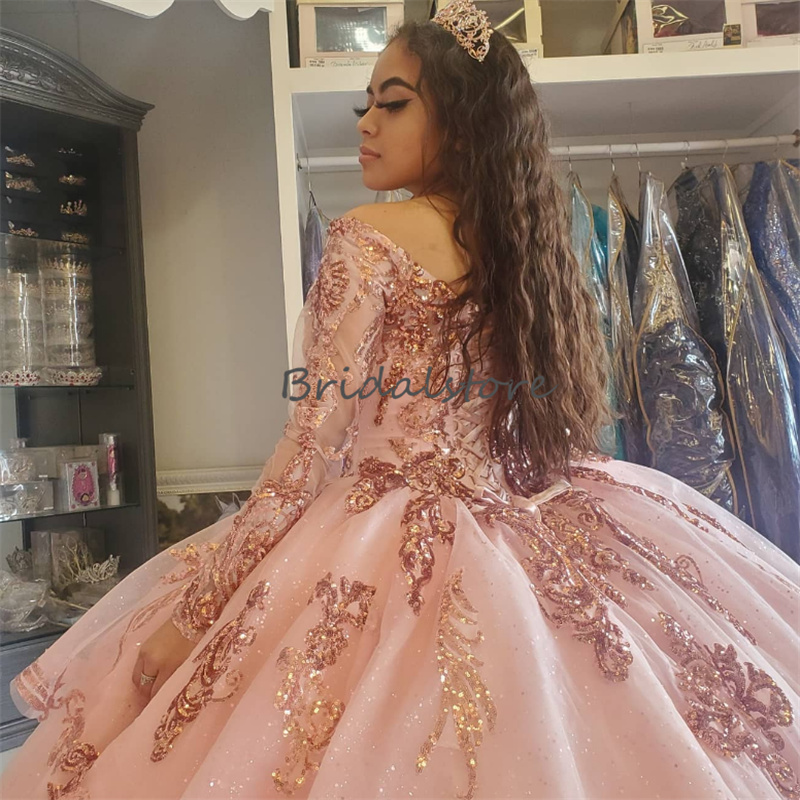 Princess Sequin Pink Quinceanera Dresses 2023 Sparkle Long Sleeve Luxe Ball Gown Bling Sweet 15 Dress Birthday Prom Party Gowns Vestidos Para Xv Anos 