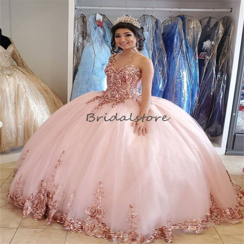 Bling Pink Quinceanera Dresses 2023 Luxe Sweetheart Puffy Tulle Birthday Dress Sparkle Charro Vestidos Para Xv Anos Sweet 15 Formal Occasion Prom Part
