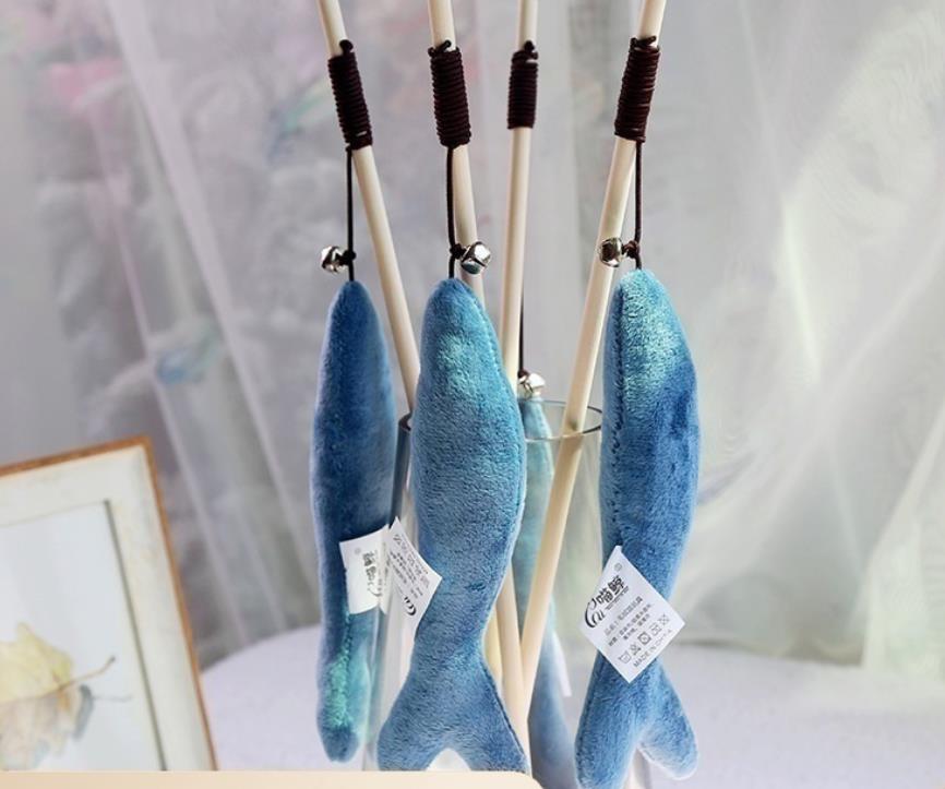 Plush Blue Whale Cat Wand Toys with Bell Kitten Fishes Teaser Sticks Chew Interactive Wood Fishing Rod Plush Pet Plaything Gift Ideas