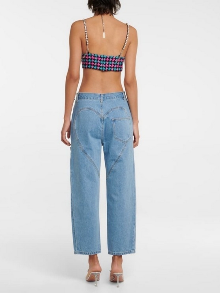 Women's Jeans Hollow Out Denim Pants High Street Diamond Studded Waist Patchwork Wide Leg Summer Flares 230824
