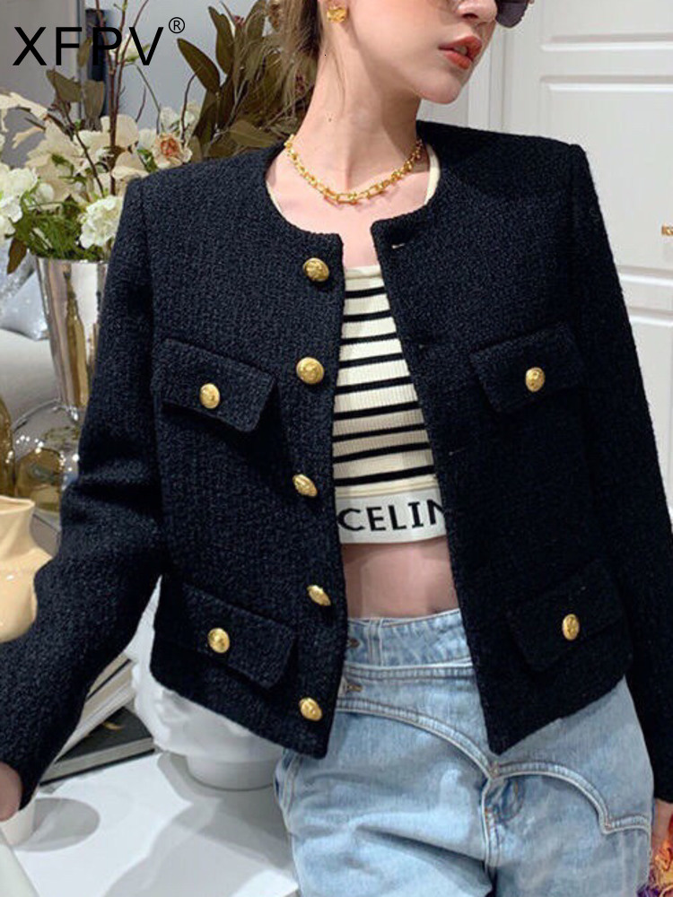 Women's Jackets XFPV Autumn And Autumn Fashion Black Wind Tweed Short Coat Female Temperament Versatile Woolen Top SM2115 230824