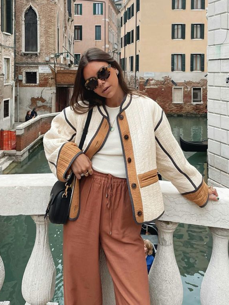 Women's Jackets Vintage Printed Patchwork Cotton Jacket Women Long Sleeve 2023 Autumn Winter Female Fashion O Neck Thick Outwear Ladies 230825