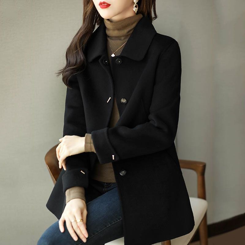 Womens Wool Blends Woolen Coat Slim Fashion Office Lady Square Collar Single Breasted Winter Coats for Women Widewaisted Pocket Black 230824