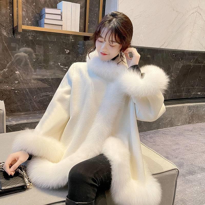 Womens Wool Blends Fur Coat Cape Shawl Korean Fashion Loose Short Jacket Female 230824