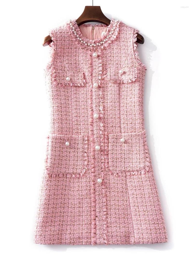 Casual Dresses Autumn Winter Luxury Runway Plaid Tweed Dress Women's Sleeveless Vest Beading Pearls Buttons Pockets Tassels Short Vestidos