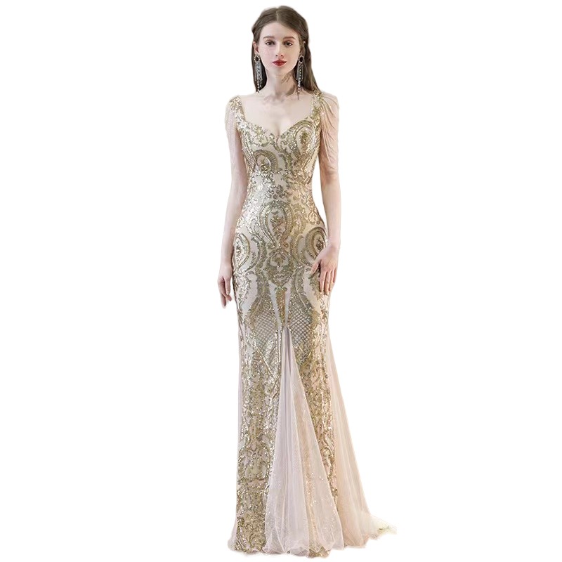 Newest Shiny Mother Of Bride Dresses Sweatheart Neck Lace Gold Sequined Beaded Chiffon Floor Length Plus Size Sexy Evening Party Tail Wedding Gowns 40