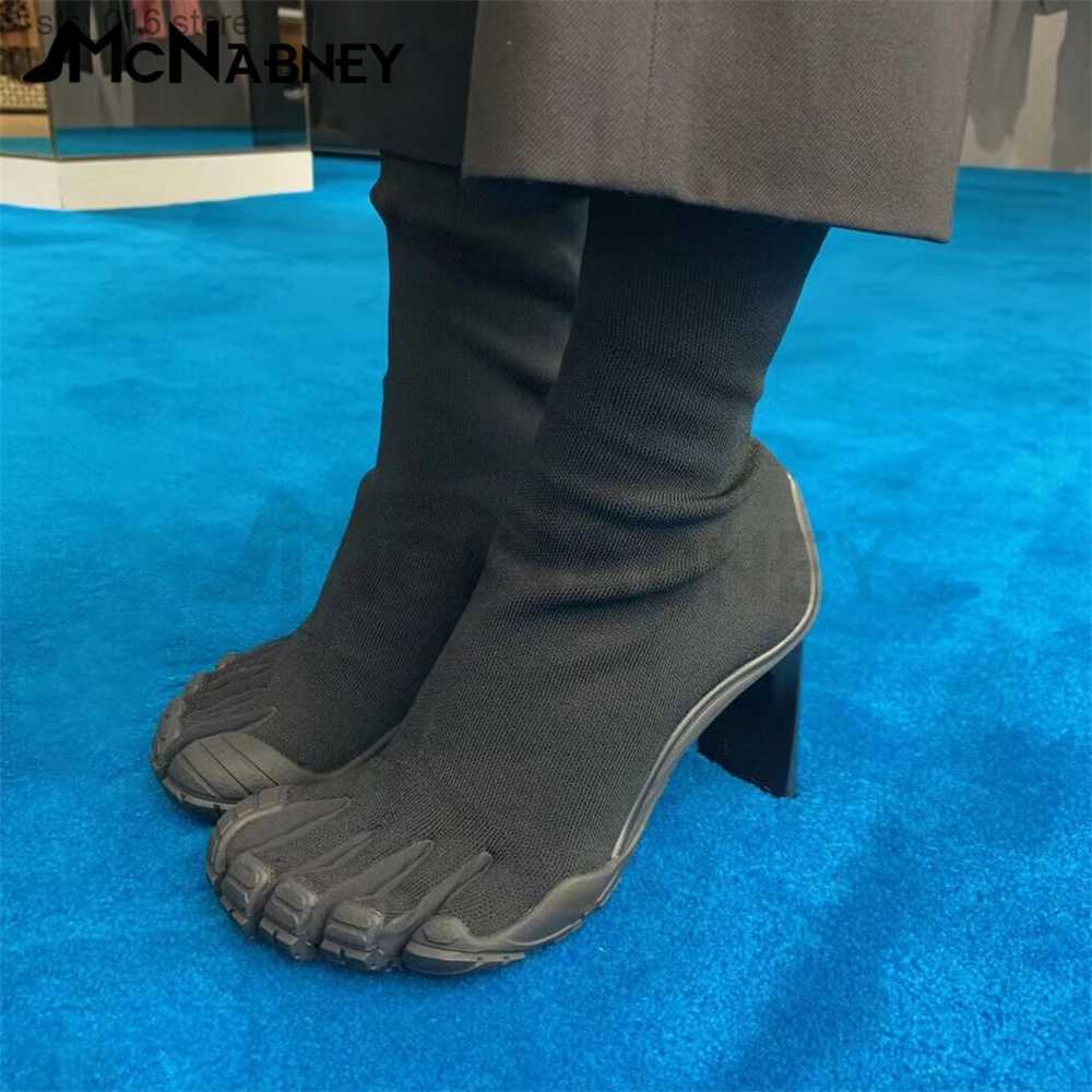 Boots Five Fingers Sock Boots Stretch Fabric Ankle Boots Novelty Style High Heels for Women Heeled Toe Outside Shoes Solid Color T230824