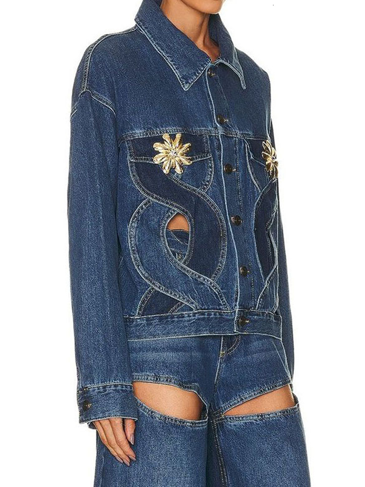 Women's Jackets Streetwear Hollow Out Denim Jacket for Women Casual Long Sleeve Criss Cross Lapel Coats Summer INS Fashion Y2K Vintage Tops 23082
