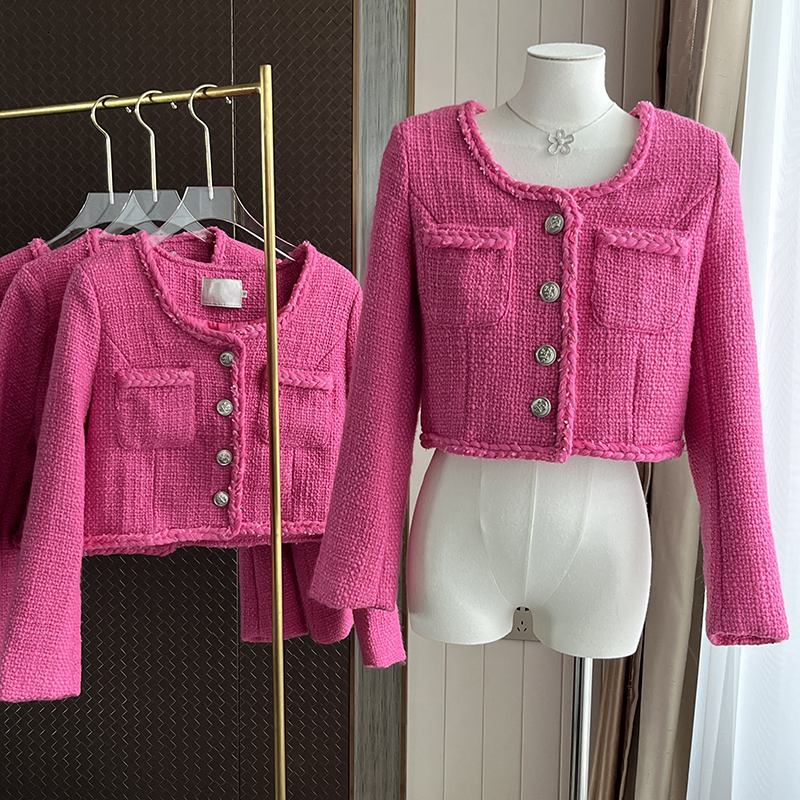 Women's Wool Blends Fashion Fall Winter Womens Long Sleeve Spliced Metal Button Pockets Short Jacket Tweed Casual Woven Lace Rose Red Coat 230824