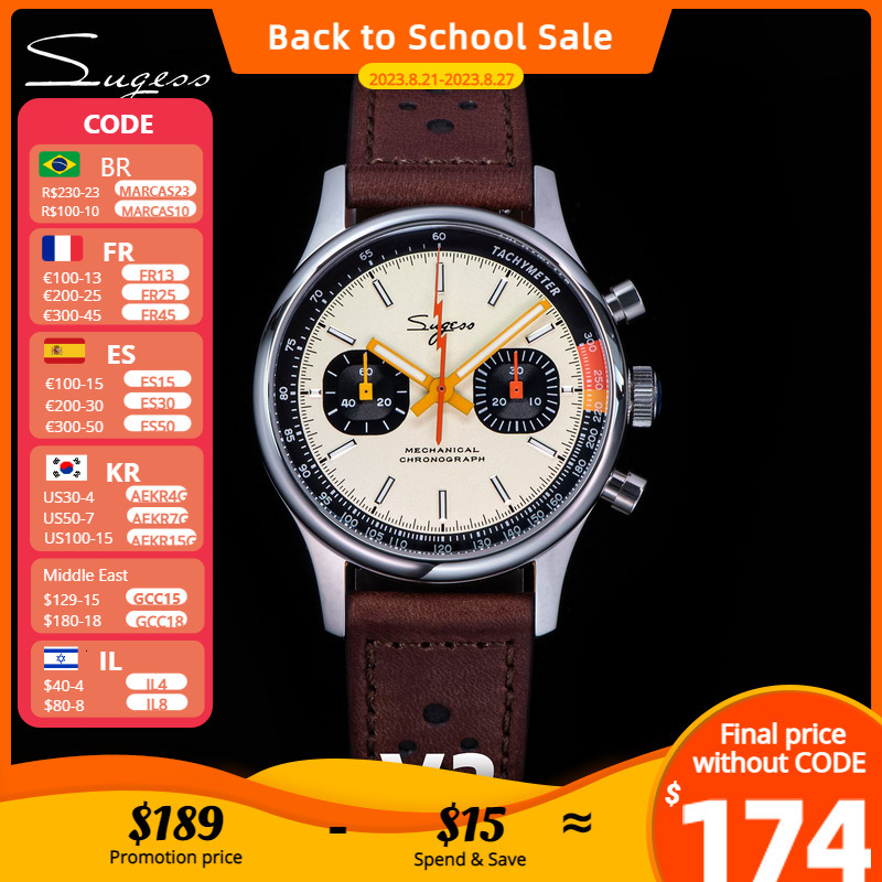 Wristwatches Sugess Watch 1963 Chronograph Mechanical Wristwatches Seagull ST19 Swanneck Movement Pilot Mens Watch Sapphire Crystal Gift V2 230824