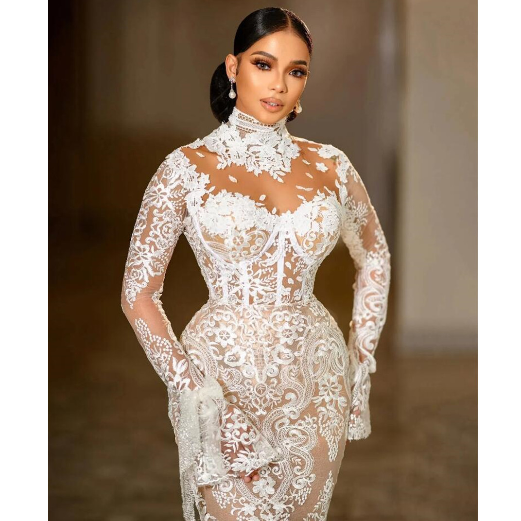 Modest High Neck Mermaid Wedding Dresses Illusion Long Sleeve Lace Appliqued Aso Ebi Arabic Bridal Gown Vestidos de novia