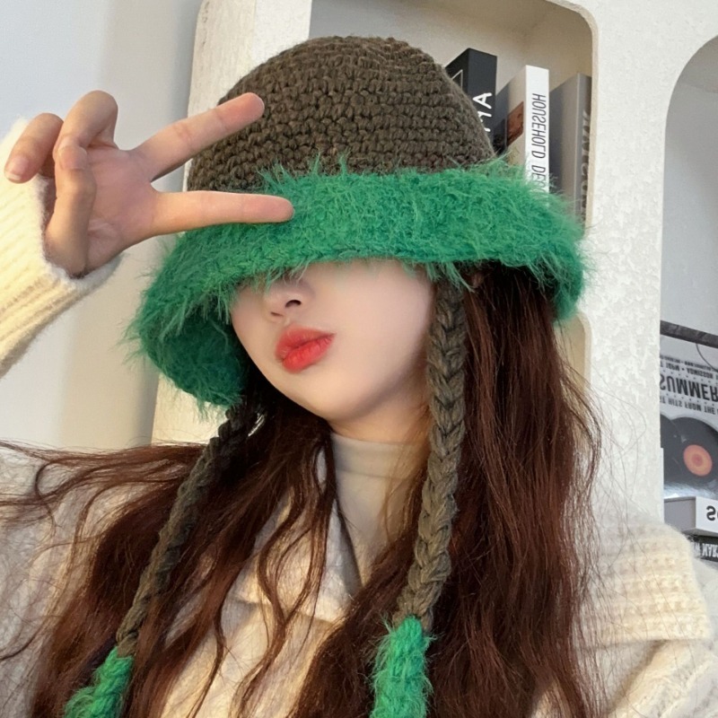 Wide Brim Hats Bucket Hats Korean Ins Niche Hand-knitted Fisherman's Hat Women Autumn and Winter Leisure Warm Versatile Lace-up Contrast Color Bu