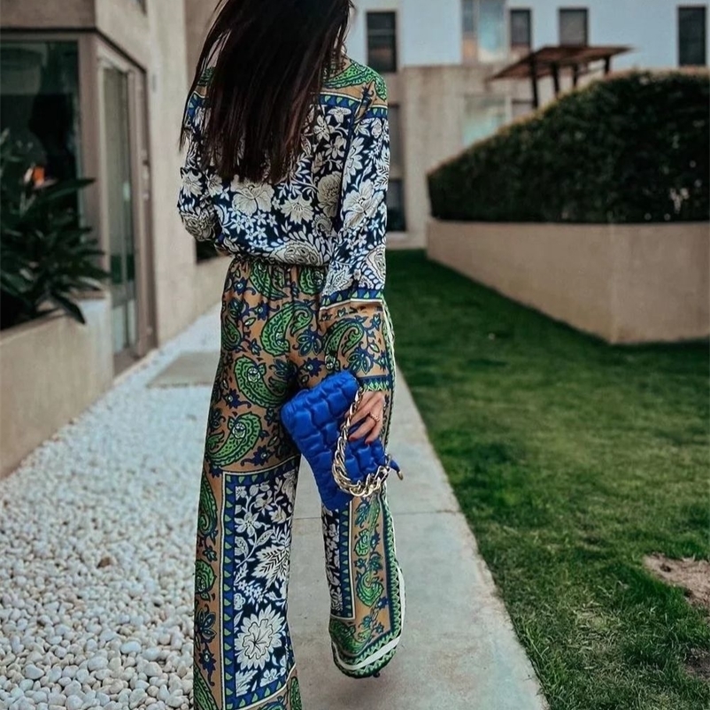 Women's Suits Blazers KONDALA Vintage Green Floral Women Suits Long Sleeve Single Button Loose Shirt and High Wasit Wide Leg Pants Boho Sets 2308