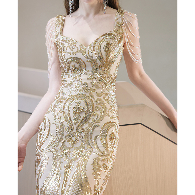 Newest Shiny Mother Of Bride Dresses Sweatheart Neck Lace Gold Sequined Beaded Chiffon Floor Length Plus Size Sexy Evening Party Tail Wedding Gowns 40